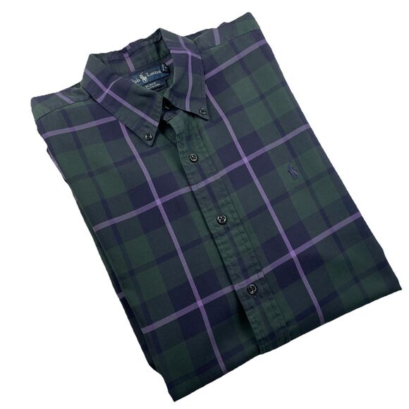 Ralph Lauren Men’s Dark Green Purple Stripe Button Down Tattersall Plaid Shirt L - Picture 1 of 15